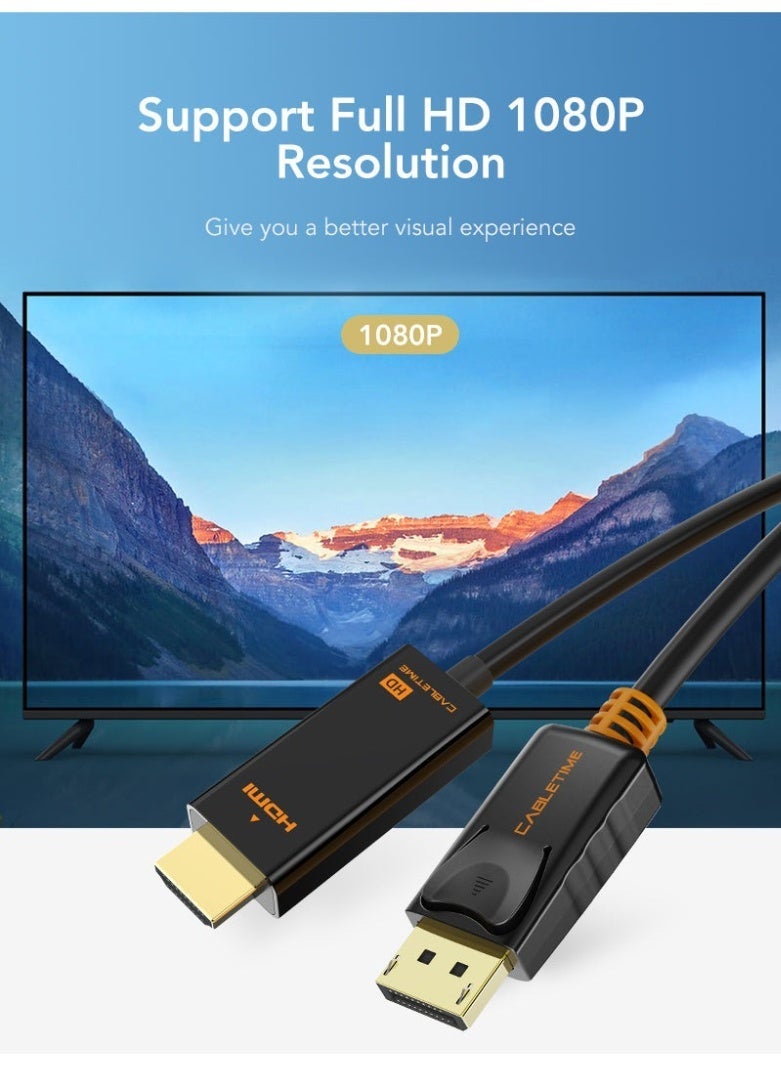 كابل تايم كابل DisplayPort إلى HDMI ذكر-ذكر، يدعم دقة 1080p/4K بتردد 30 هرتز، محول عالي السرعة لأجهزة الكمبيوتر الشخصية، وأجهزة الكمبيوتر المحمولة، والشاشات، وأجهزة التلفزيون، وأجهزة العرض. موصلات مطلية بالذهب، صوت وفيديو، متوافق مع أنظمة التشغيل Windows وMac. - Image 5